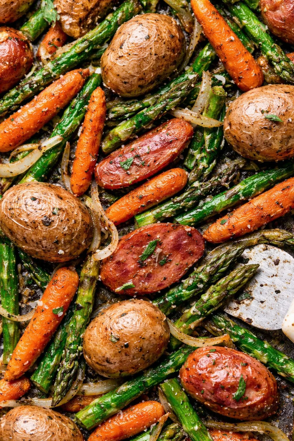Lazy Sheet Pan Sausage, Potatoes & Carrots