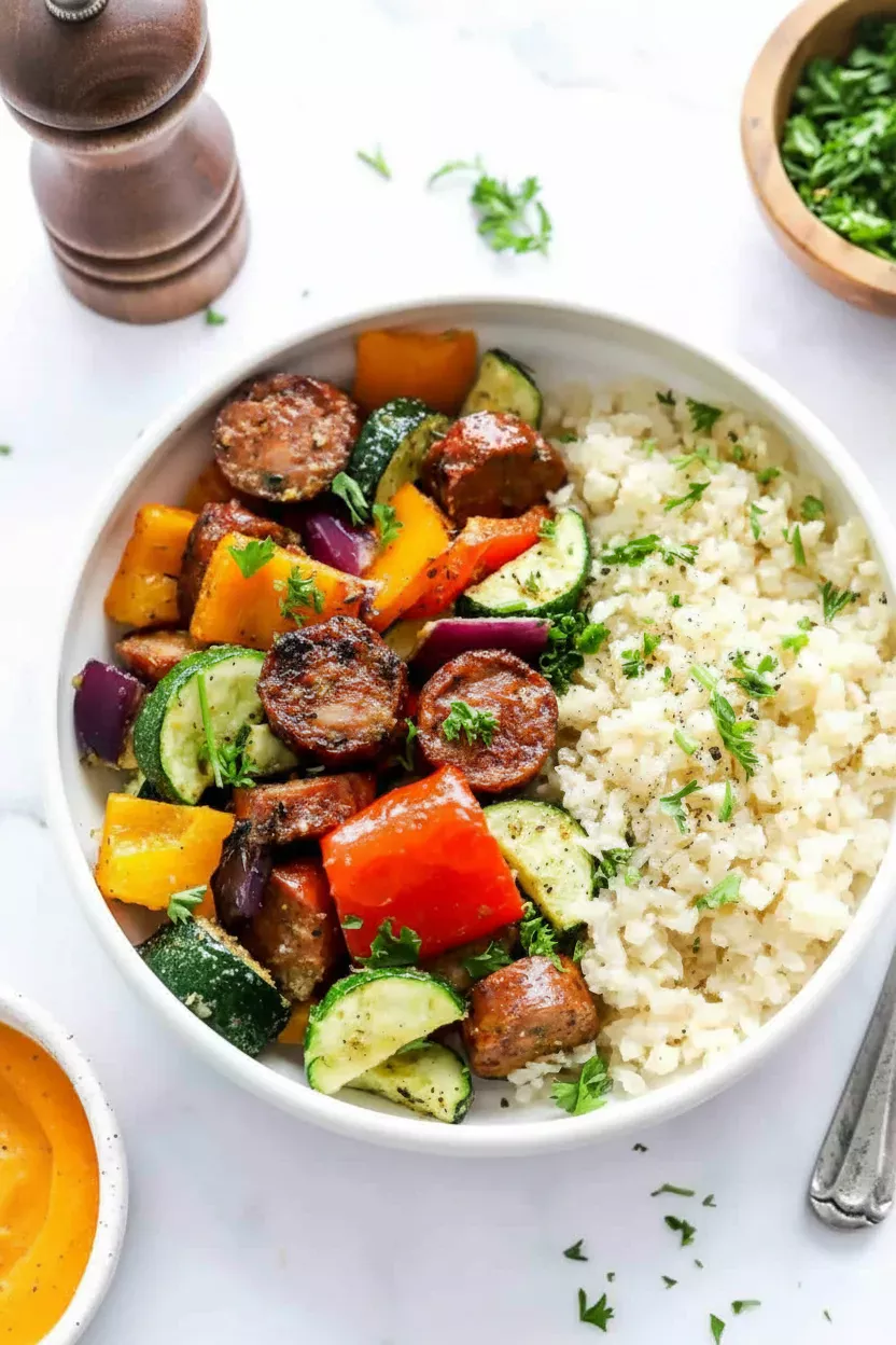 10 Minute Air Fryer Chicken Sausage and Veggies