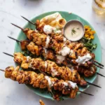 Greek Chicken Skewers with Tzatziki and Feta Fries