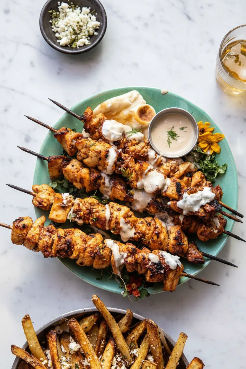 Greek Chicken Skewers with Tzatziki and Feta Fries